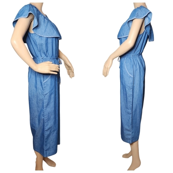 WRAPPER chambray blue belted cropped wideleg jumper, pockets. Size Medium - Picture 7 of 16